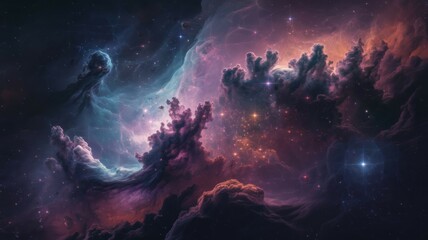 Fototapeta premium Cosmic nebula cloudscape. Vibrant nebula swirls, cosmic dust, and starlight create a breathtaking celestial landscape. Symbolizes vastness and wonder.