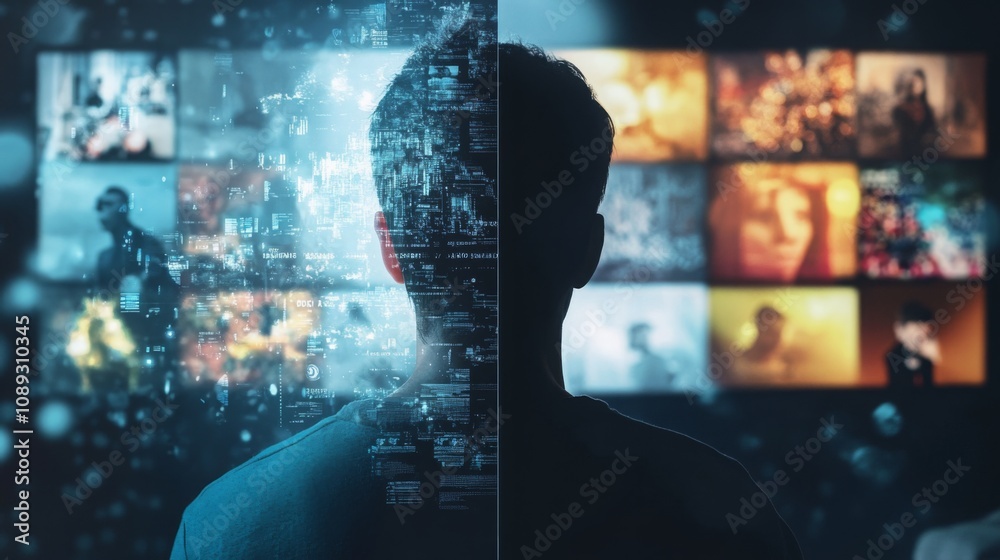 Poster A person stands in front of a large screen displaying vibrant visuals and data, immersed in various digital experiences.