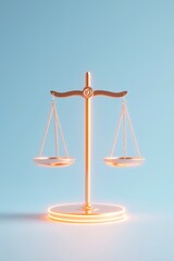 Justice balance scales digital art modern studio minimalist environment close-up view symbol of fairness