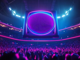 Neon Speaker Embedded in High Tech Sports Arena Wall Amplifying Game Energy