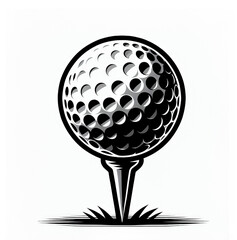 Isolated black and white vector illustration of a golf ball placed on a tee on a white background.
