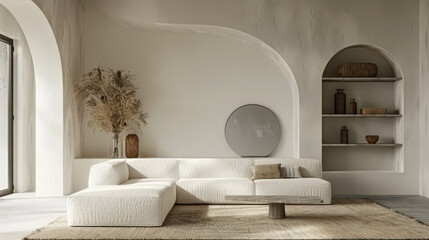 Fototapeta premium Wall mockup in nomadic boho interior background with rustic decor