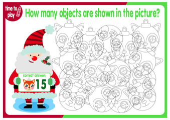 Count how many objects are hidden in the picture. Educational game for children. Colorful cartoon characters. Funny vector illustration. New Year. Christmas	
