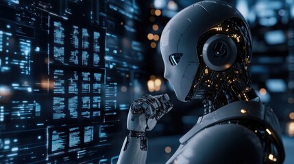 Fototapeta premium Contemplative AI: A Futuristic Robot Analyzing Data Streams