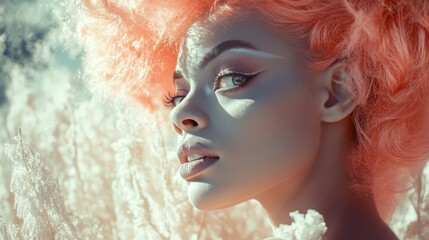 Obraz premium Woman with bright orange hair, ethereal makeup, looking away.