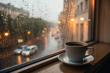 Obraz premium Close-Up of Raindrops on Window with Coffee Cup and City Lights at Night