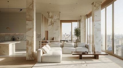 Fototapeta premium light luxury interior design of a modern apartment in a minimalist style with marble trim and huge windows