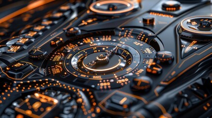 Fototapeta premium Futuristic technological control panel with glowing orange accents.