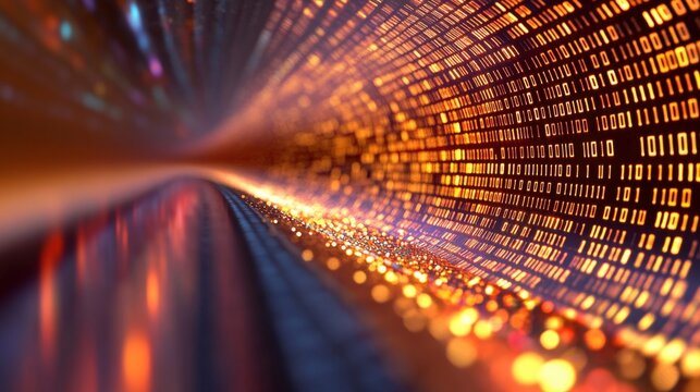 abstract digital data flow with binary code and glowing lights