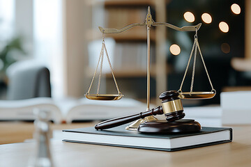 Scales of justice and gavel on top of law book in bright office setting