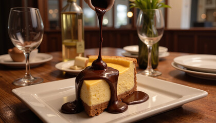 Cheesecake drizzled with melted chocolate on festive dinner table