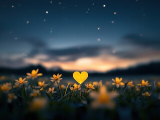 a heartshaped flower among a field of blossoms at dusk