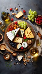 Various cheeses, grapes, nuts and wine on a wooden background