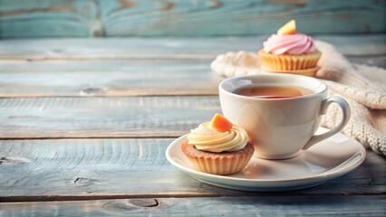 A cup of tea and a cupcake on a rustic wooden table, perfect for a cozy afternoon treat.