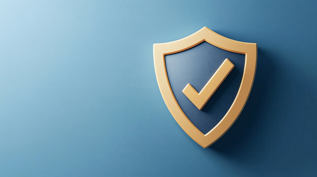 3D rendering of abstract shield icon with checkmark symbolizes security and protection on blue background. design is simple yet effective, conveying trust and reliability