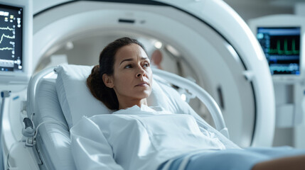 Fototapeta premium Woman undergoing a CT scan in a medical facility during examination