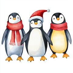 Fototapeta premium Three penguins wearing red scarves and hats stand together
