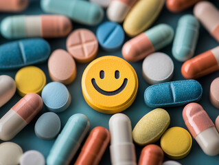 Yellow happy pill with smiley face among many pills