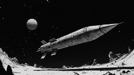 Surreal Black and White Space Scene Featuring a Mysterious Rocket Ship Gliding Through an Otherworldly Landscape Under a Celestial Body in the Background