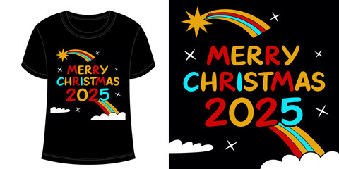 Merry christmas t shirt 2025 typography vector best graphic design high quality printable trendy calligraphy clip art festival handwriting letter new year party black and white colours download