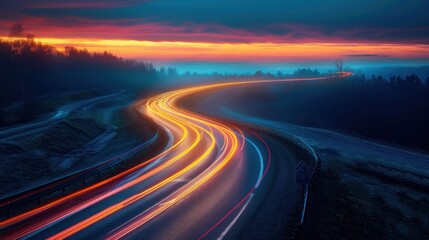 Colorful light trails on winding road at sunset.