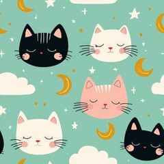 seamless background concept. A whimsical pattern featuring cute, cartoonish cat faces in various colors, surrounded by clouds and crescent moons against a soft turquoise background.