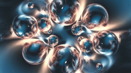 Naklejka premium Cosmic bubblescape. Abstract spheres swirl, evoking interconnectedness and cosmic wonder. A mesmerizing image of unity and infinite possibilities.