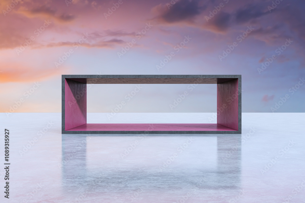 Poster bright concrete exhibition space with empty mock up place and sunset sky background. creativity and 
