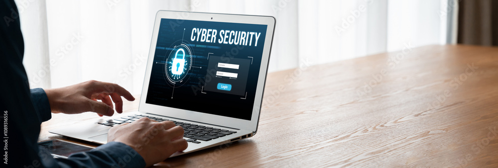 Poster cyber security system on computer screen protect private information snugly from hacker and cyber at