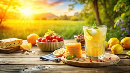 Summery refreshment with a glass of citrus beverage, surrounded by fresh fruit and a slice of cake, all on a rustic wooden table.