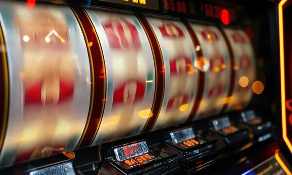 A close-up of a colorful slot machine with spinning reels.