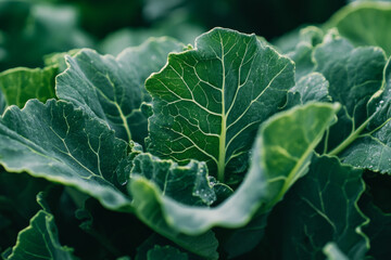Fresh green collard greens growing in a garden during daytime