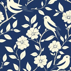 seamless background concept. A stylish floral pattern featuring white birds and flowers against a deep blue background, perfect for home decor or fabric design.