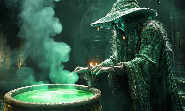 A mystical witch brews a potion in a dark, smoky environment.