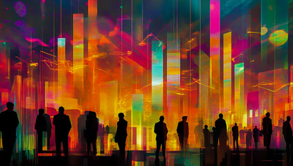 Obraz premium A group of businessmen standing in front of the illuminated city skyline.