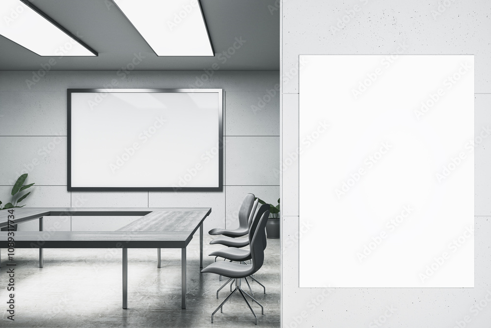 Poster luxury light meeting room interior with mock up place on white banner. presentation concept. 3d rend