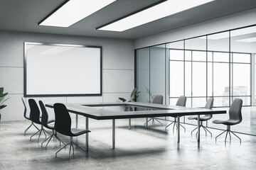 Bright light meeting room interior with mock up place on white banner. Presentation concept. 3D Rendering.