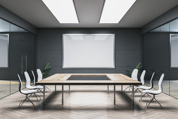 Modern dark wooden and concrete meeting room interior with mock up place on white banner. Presentation concept. 3D Rendering.