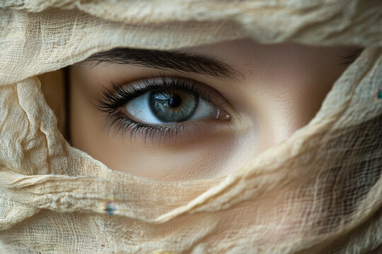 Close-up of a woman's eye peering through a delicate, textured fabric with striking blue-green color and vivid, detailed features.