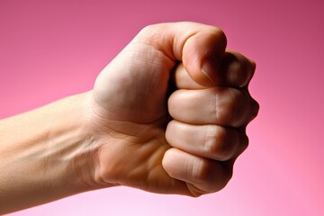 A close-up of a clenched fist against a soft pink background, symbolizing strength, determination, or a call to action.
