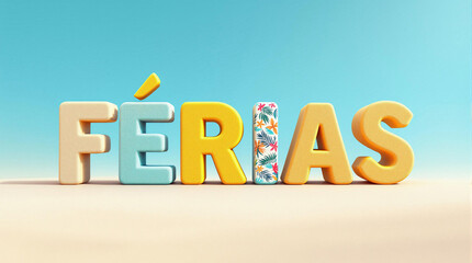 A imagem apresenta a palavra "FÉRIAS" em letras tridimensionais coloridas com estampas tropicais, sobre um fundo azul claro, evocando verão e diversão.

