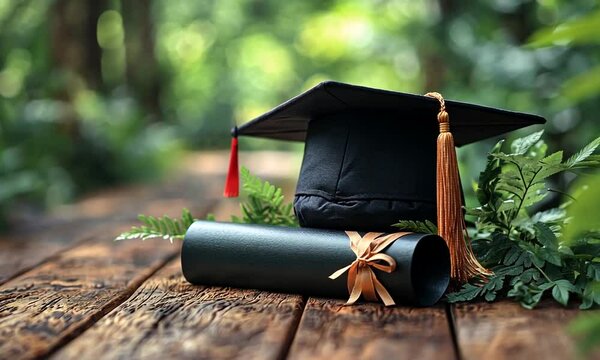 Graduation cap and diploma on a wooden surface in nature.