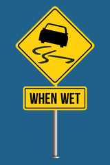 When wet road sign. Slippery when wet icon yellow road sign. Eps10 vector illustration