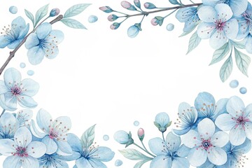 Blue frame watercolor background, cute flower frame for wedding invitation, greeting card or design