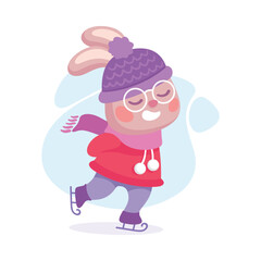 Cute Rabbit Animal Character in Warm Hat Ice Skate Vector Illustration