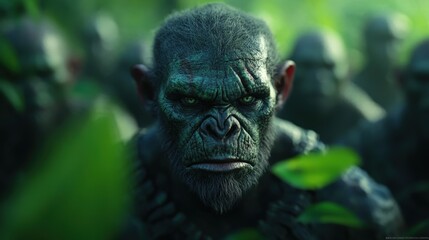Obraz premium a closeup of a realistic ape in a lush green environment