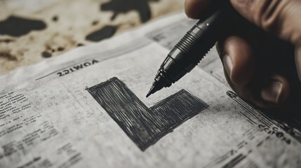 Naklejka premium hand holding an ink pen, coloring in the check mark on paper with a black marker.