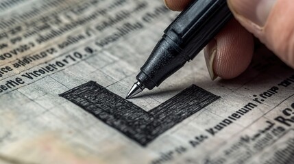  hand holding an ink pen, coloring in the check mark on paper with a black marker.