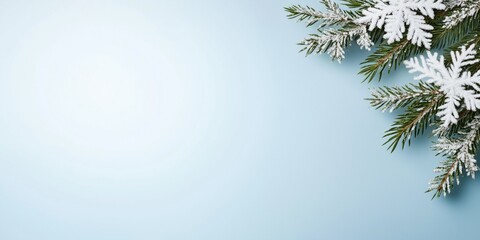 Obraz premium A blue background with a white snowflake on it. The snowflake is on a branch of a pine tree