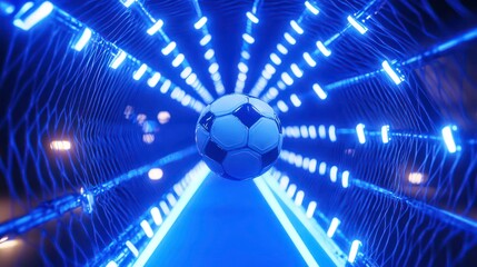 A soccer ball flying through a neon blue tunnel.